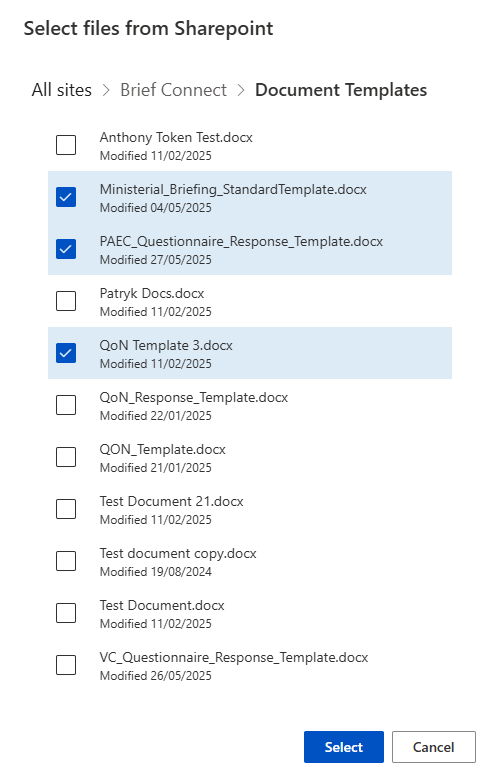 Select SharePoint files for upload