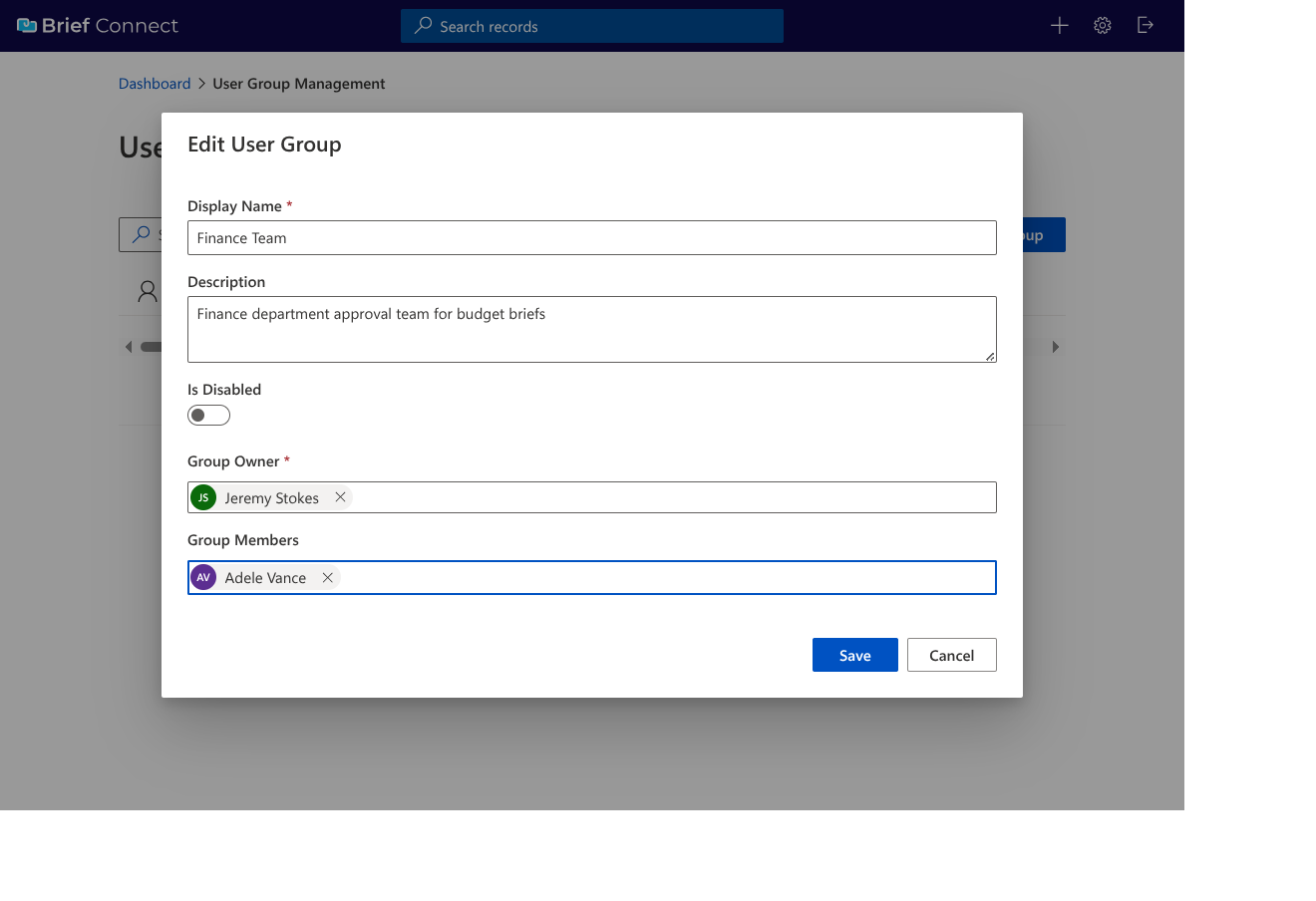 Edit Group dialog with members
